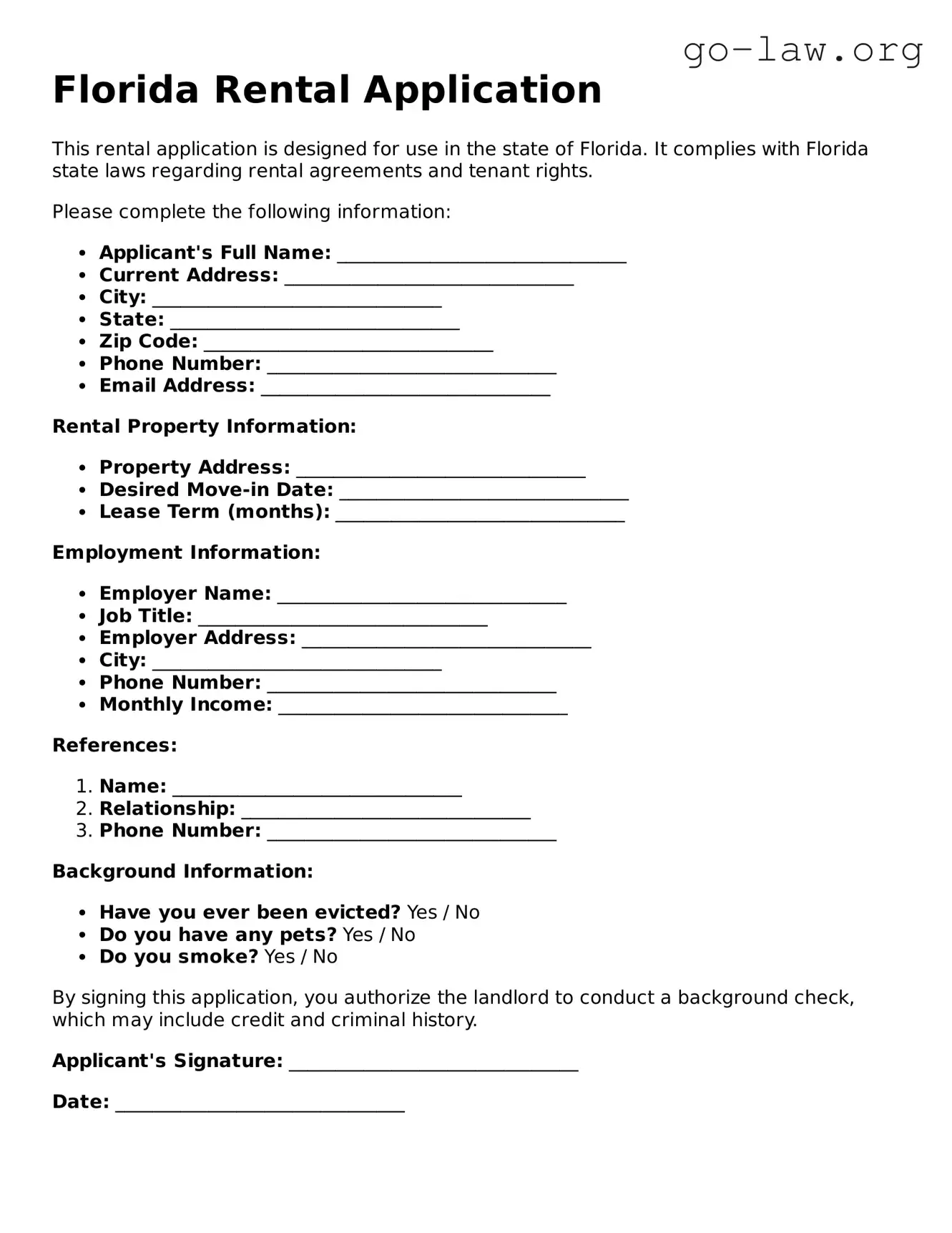 Fillable Florida Rental Application Form