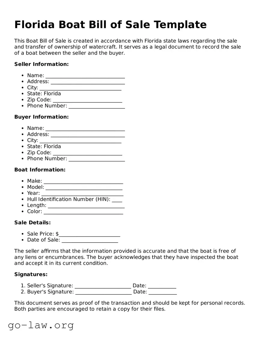 Fillable Florida Boat Bill of Sale Form