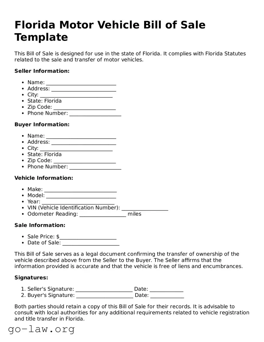 Fillable Florida Motor Vehicle Bill of Sale Form