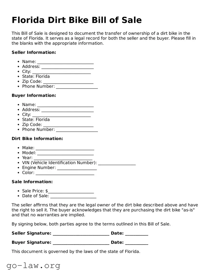 Fillable Florida Dirt Bike Bill of Sale Form