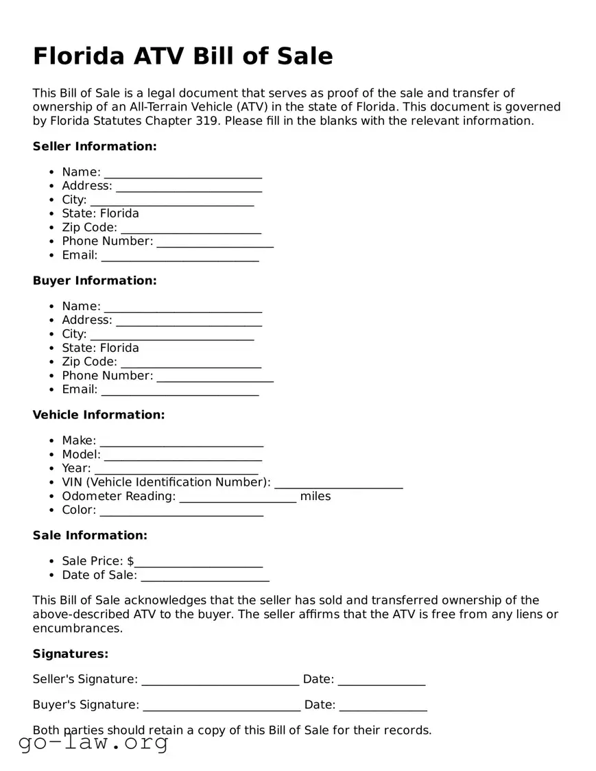 Fillable Florida ATV Bill of Sale Form