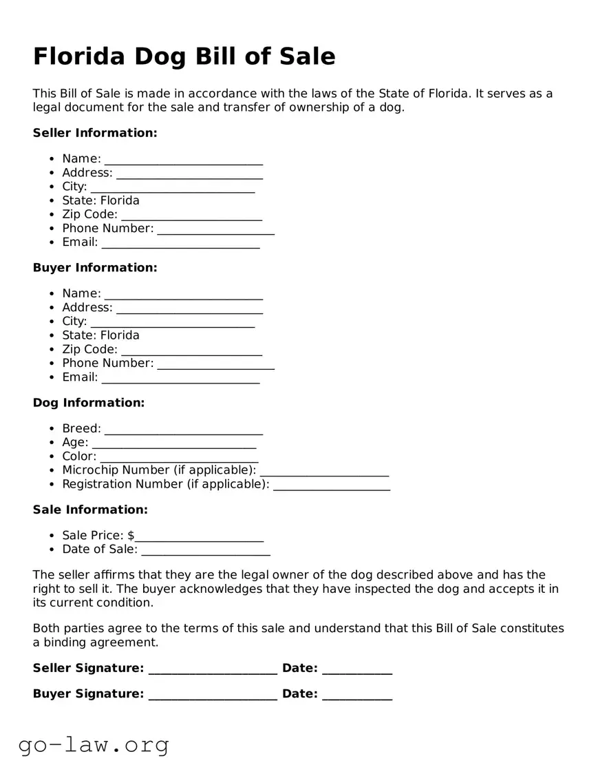 Fillable Florida Dog Bill of Sale Form