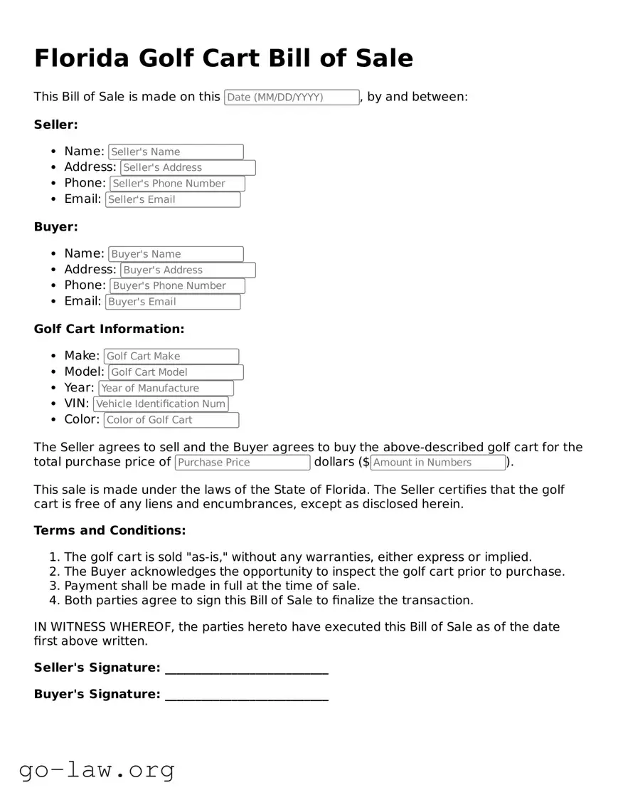 Fillable Florida Golf Cart Bill of Sale Form