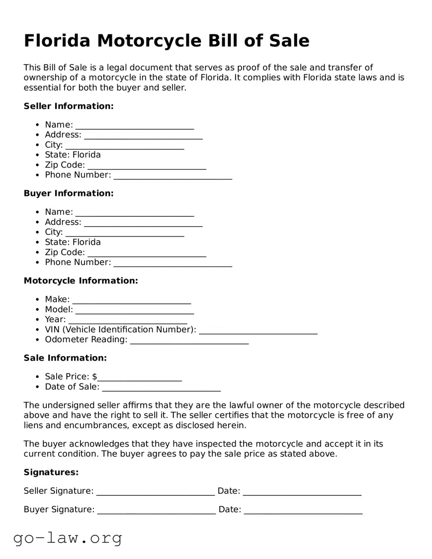 Fillable Florida Motorcycle Bill of Sale Form