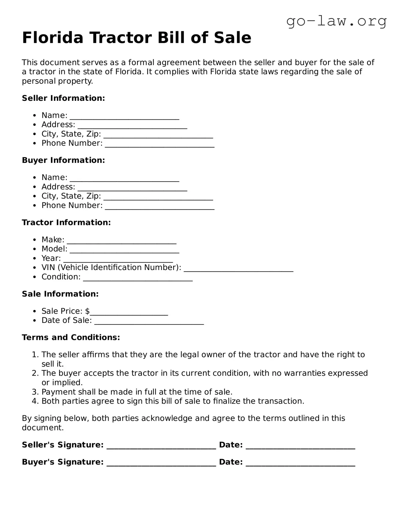 Fillable Florida Tractor Bill of Sale Form
