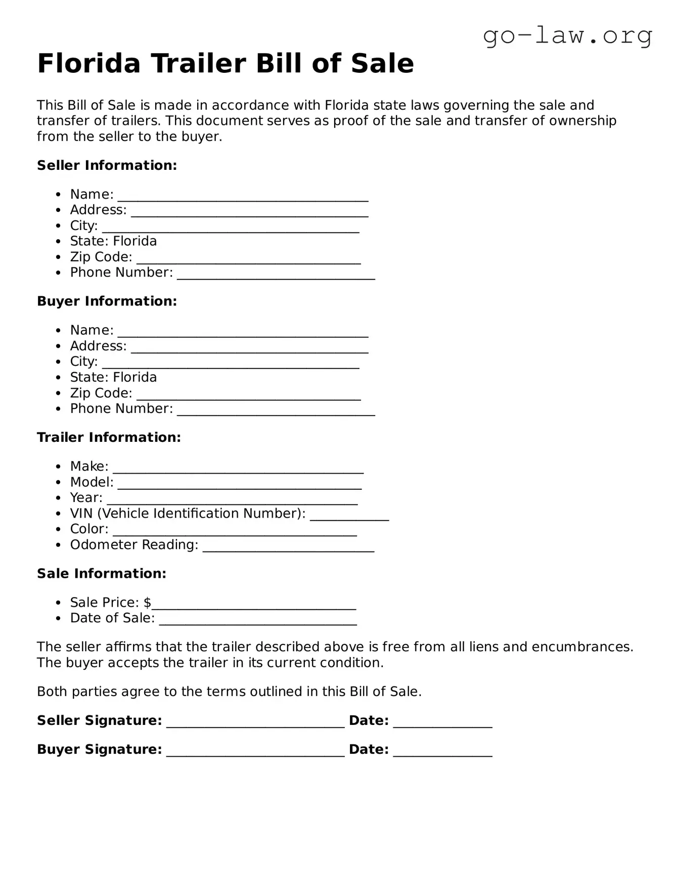 Fillable Florida Trailer Bill of Sale Form