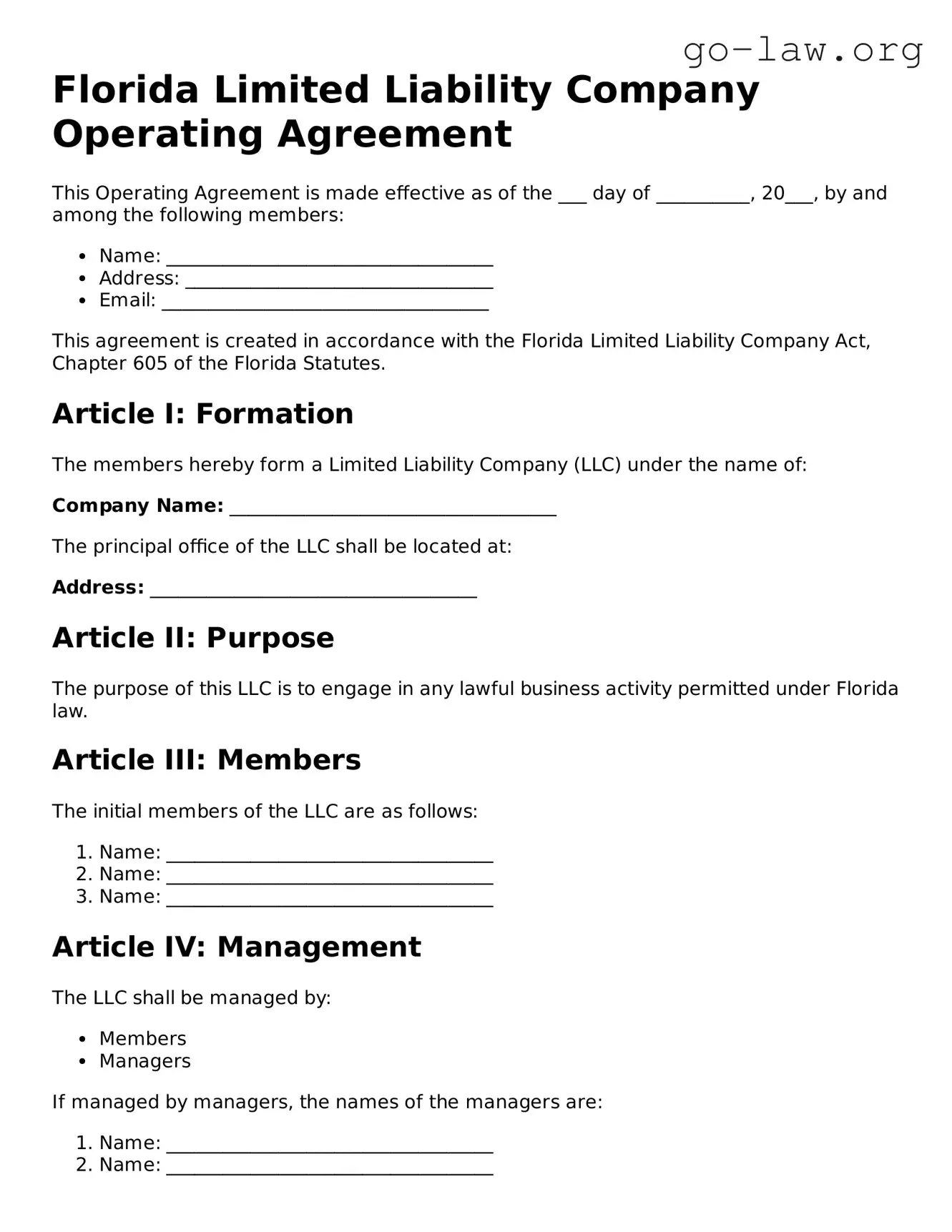 Fillable Florida Operating Agreement Form