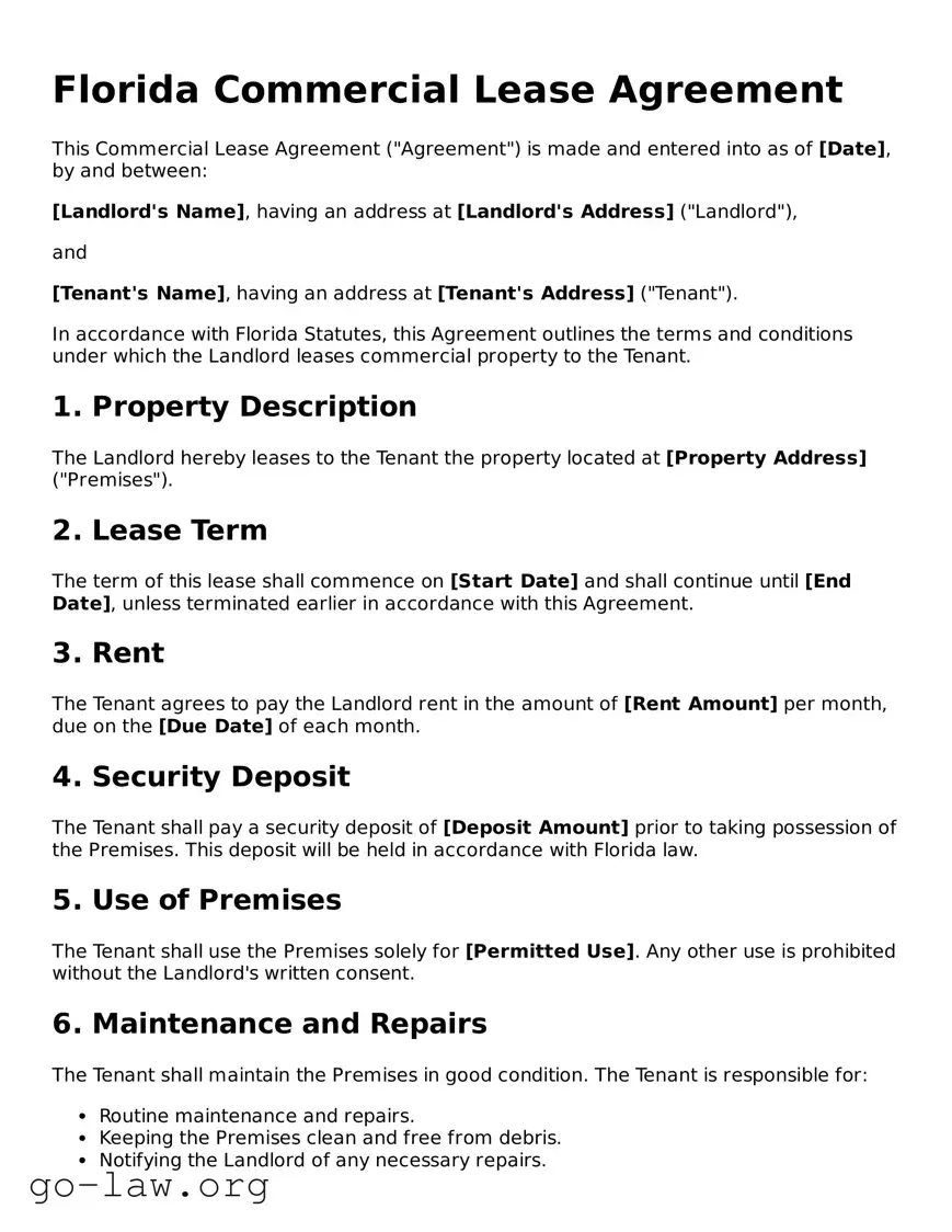 Fillable Florida Commercial Lease Agreement Form