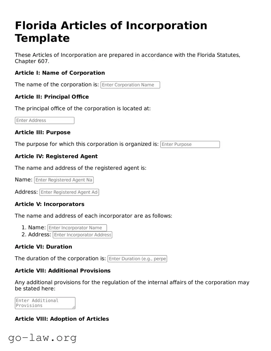 Fillable Florida Articles of Incorporation Form
