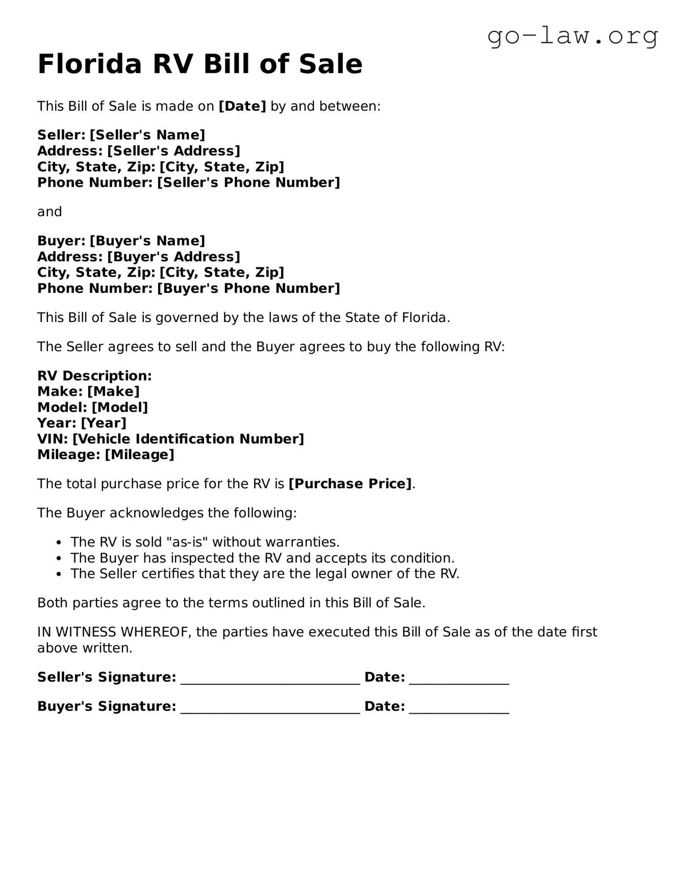 Fillable Florida RV Bill of Sale Form