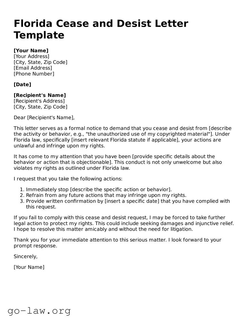 Fillable Florida Cease and Desist Letter Form