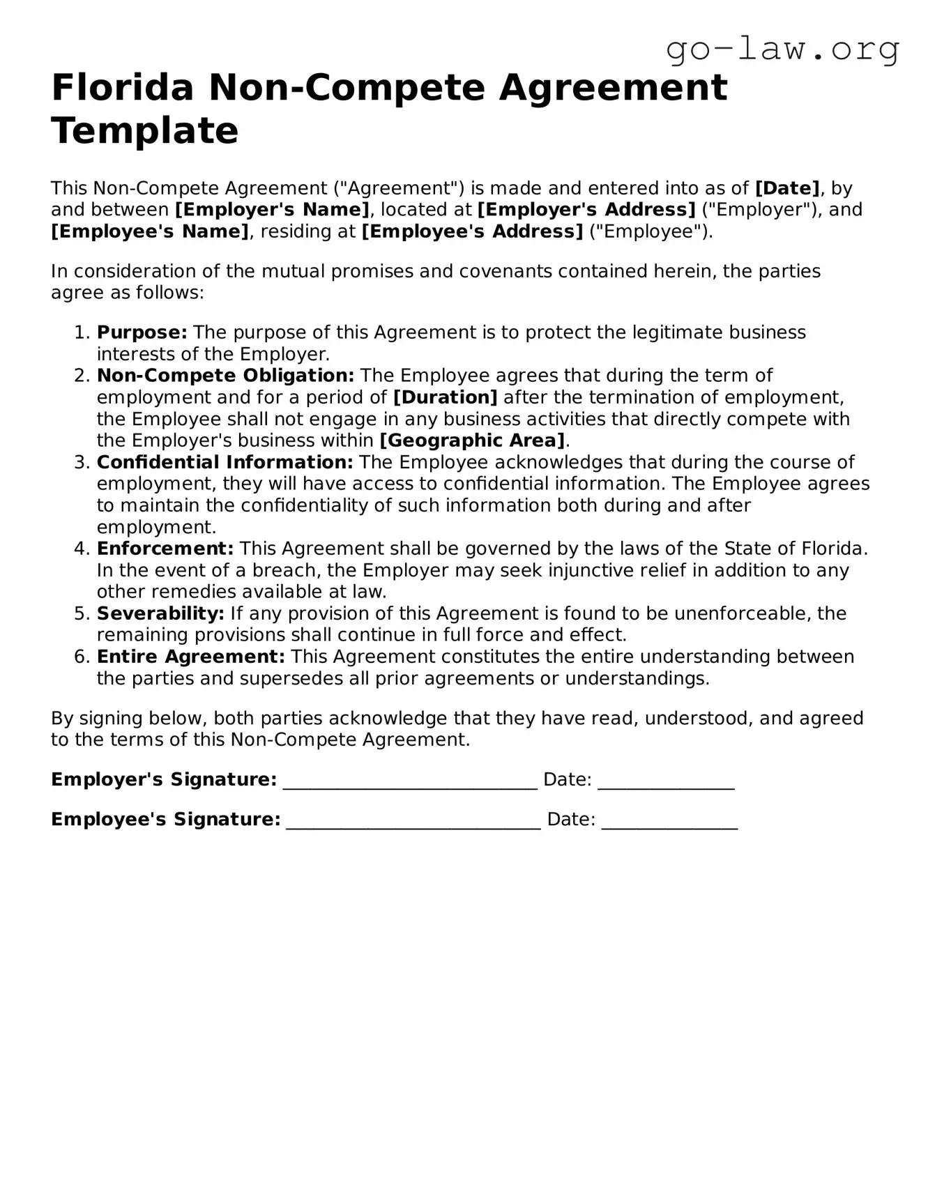 Fillable Florida Non-compete Agreement Form