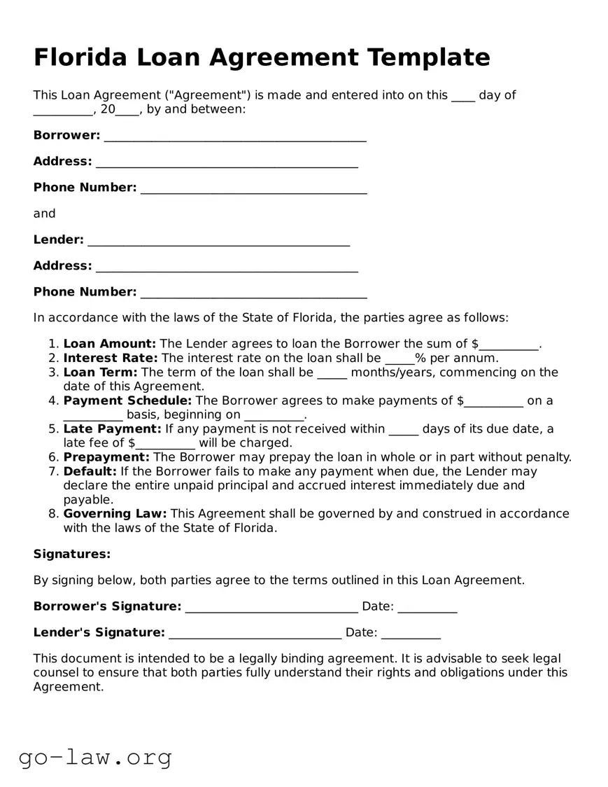 Fillable Florida Loan Agreement Form