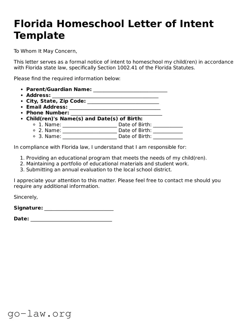 Fillable Florida Homeschool Letter of Intent Form