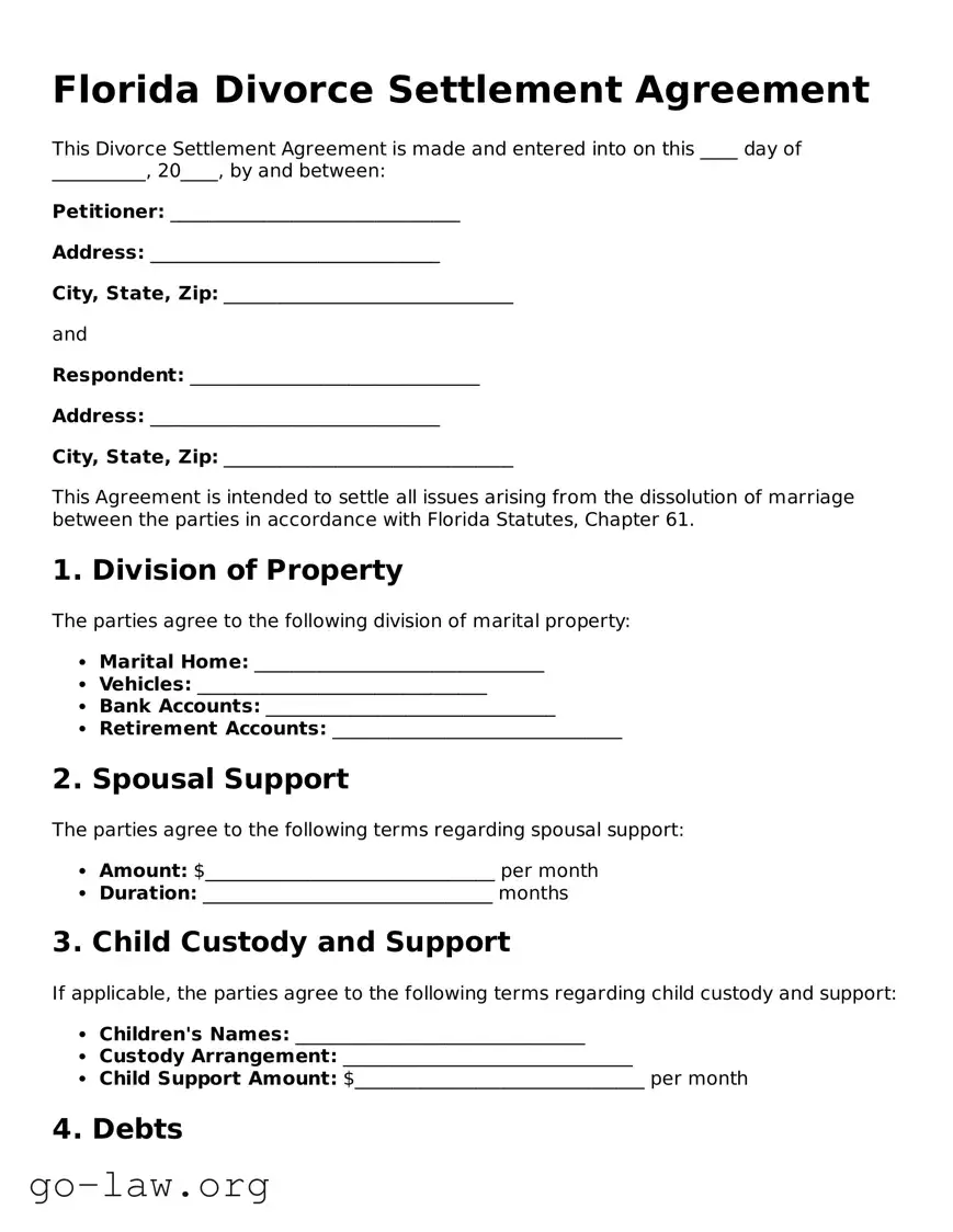 Fillable Florida Divorce Settlement Agreement Form