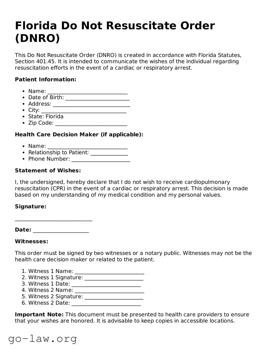 Fillable Florida Do Not Resuscitate Order Form