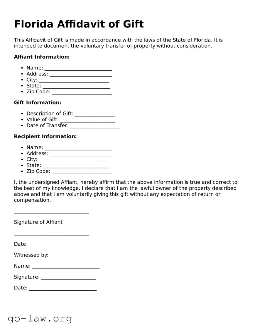 Fillable Florida Affidavit of Gift Form