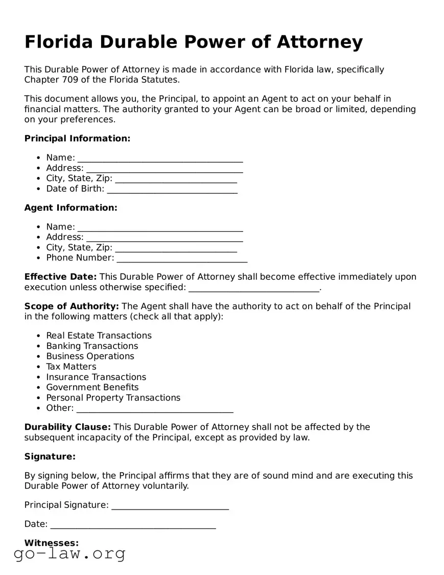 Fillable Florida Durable Power of Attorney Form