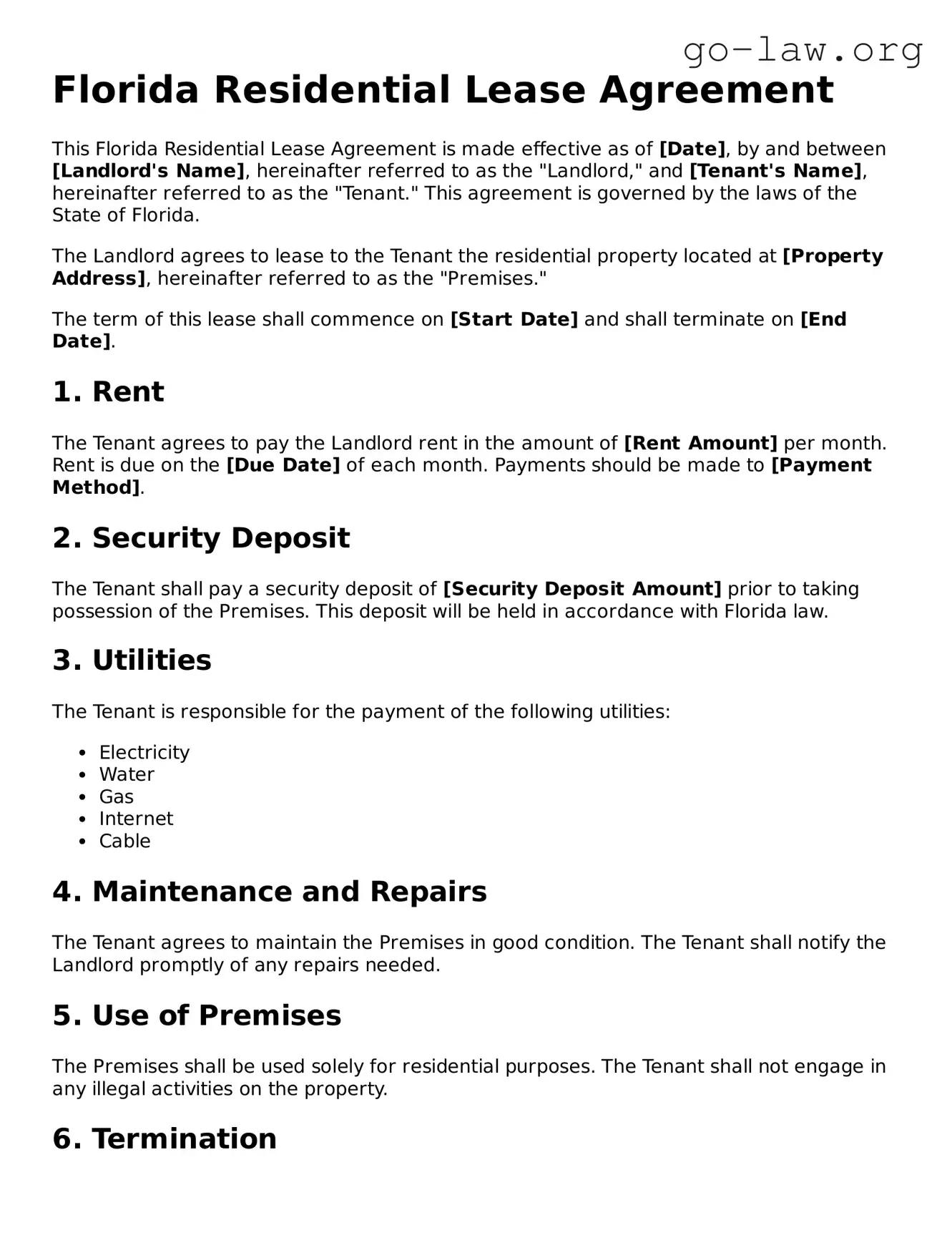 Fillable Florida Residential Lease Agreement Form