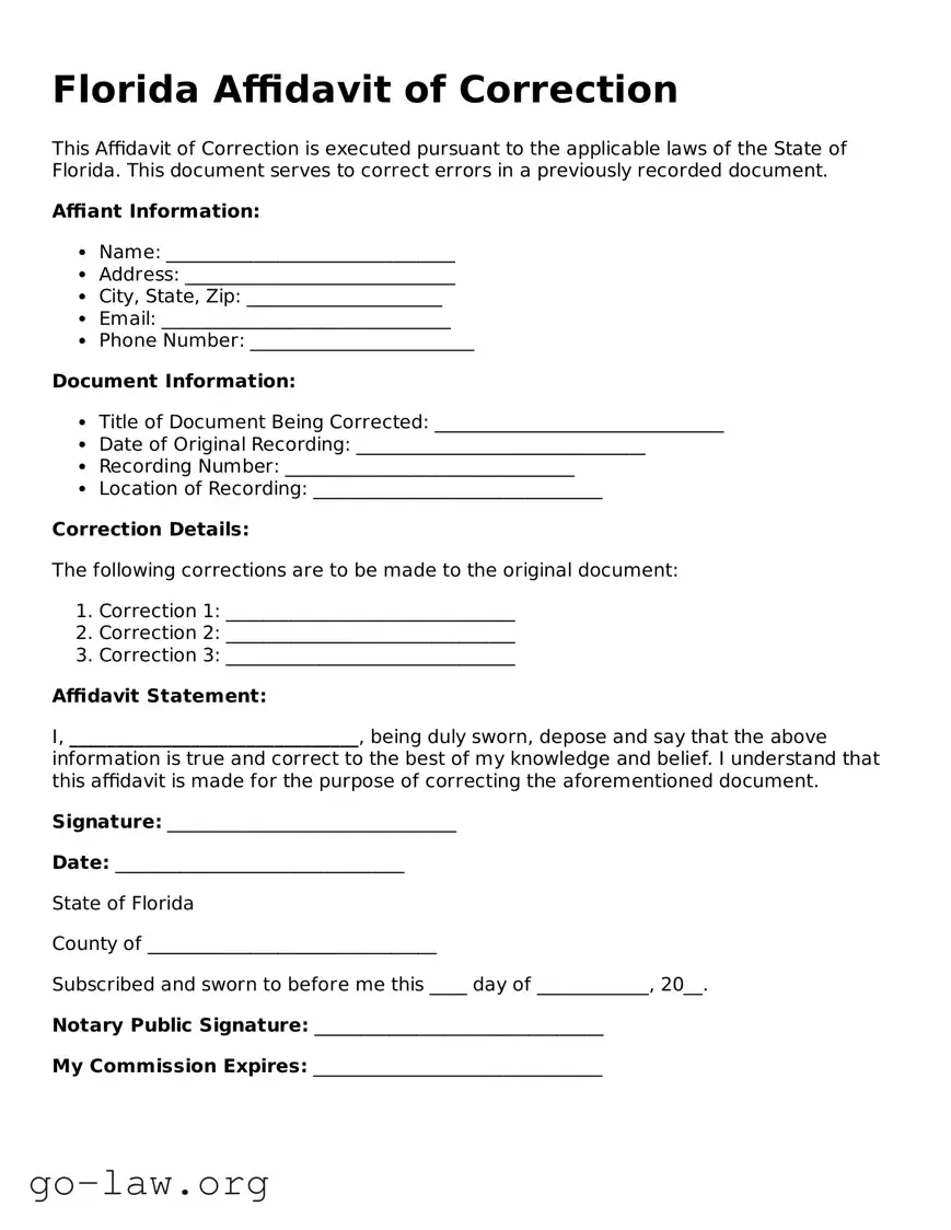 Fillable Florida Affidavit of Correction Form