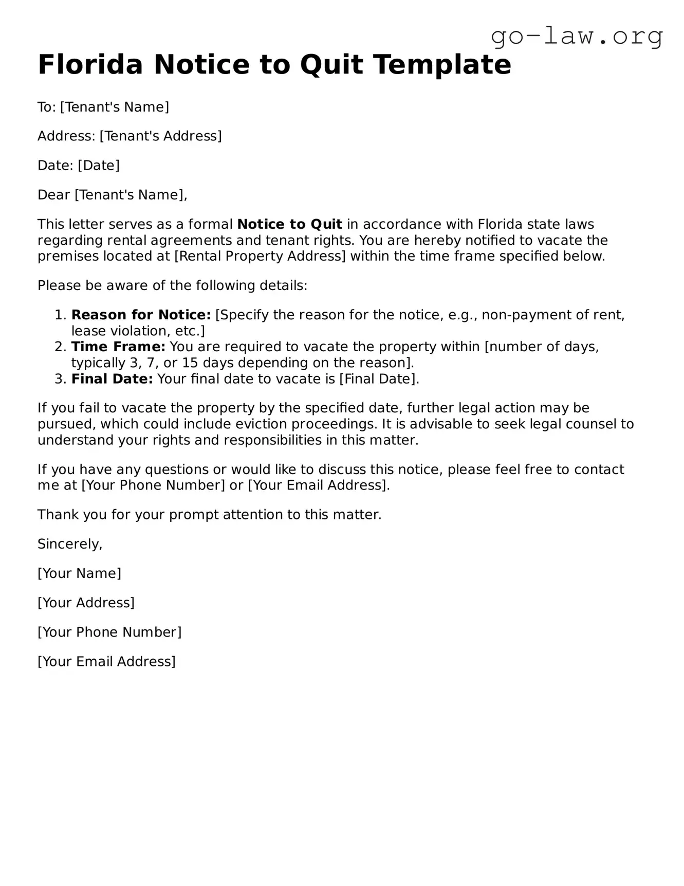 Fillable Florida Notice to Quit Form