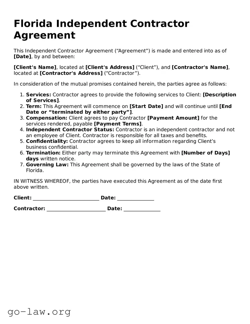 Fillable Florida Independent Contractor Agreement Form