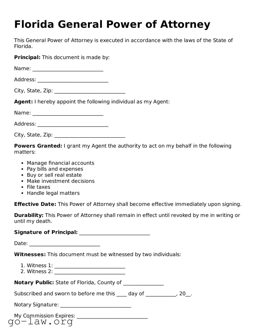 Fillable Florida General Power of Attorney Form