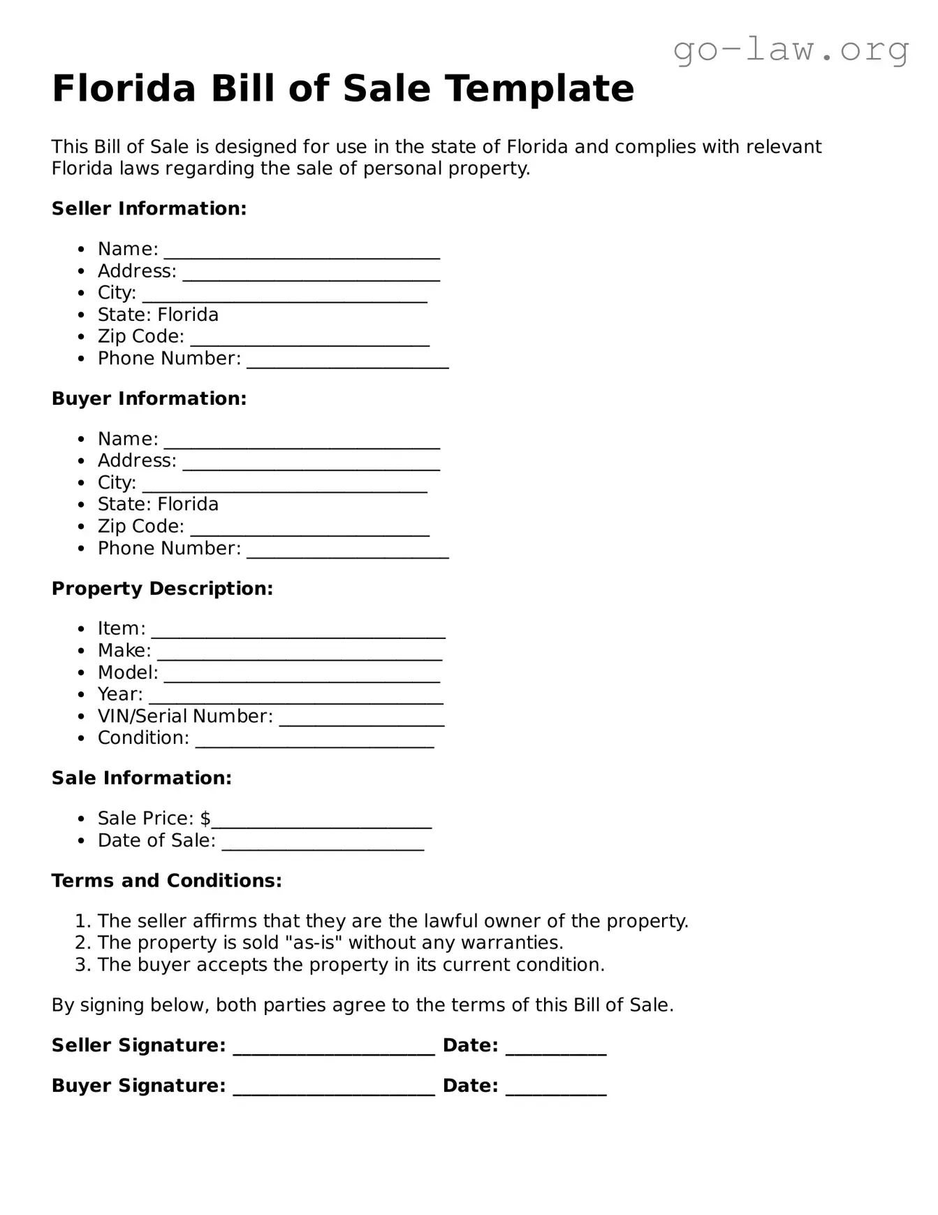 Fillable Florida Bill of Sale Form