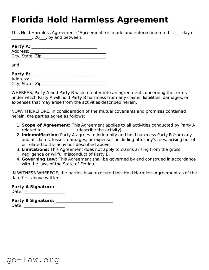 Fillable Florida Hold Harmless Agreement Form