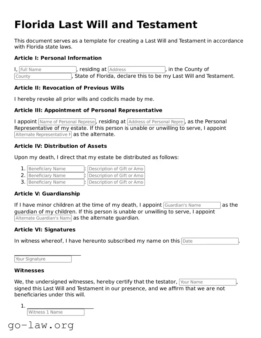 Fillable Florida Last Will and Testament Form