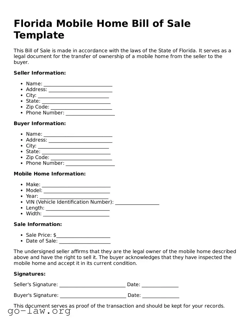Fillable Florida Mobile Home Bill of Sale Form