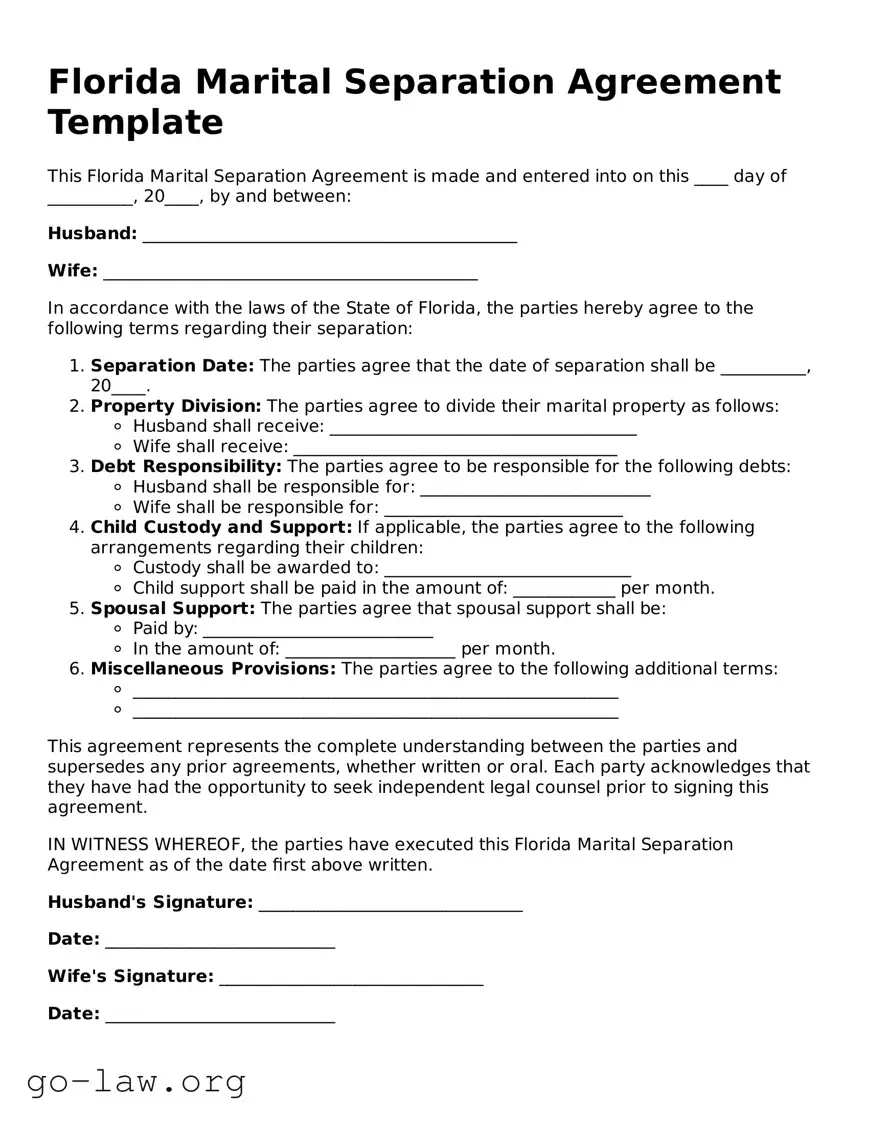 Fillable Florida Marital Separation Agreement Form