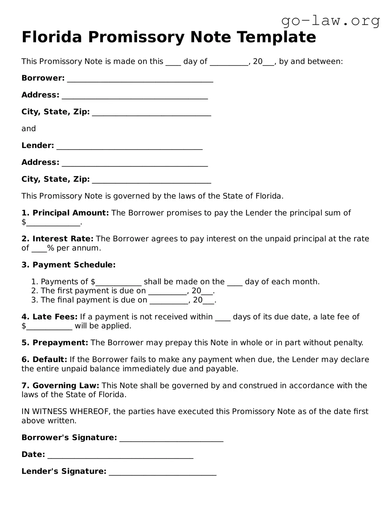 Fillable Florida Promissory Note Form
