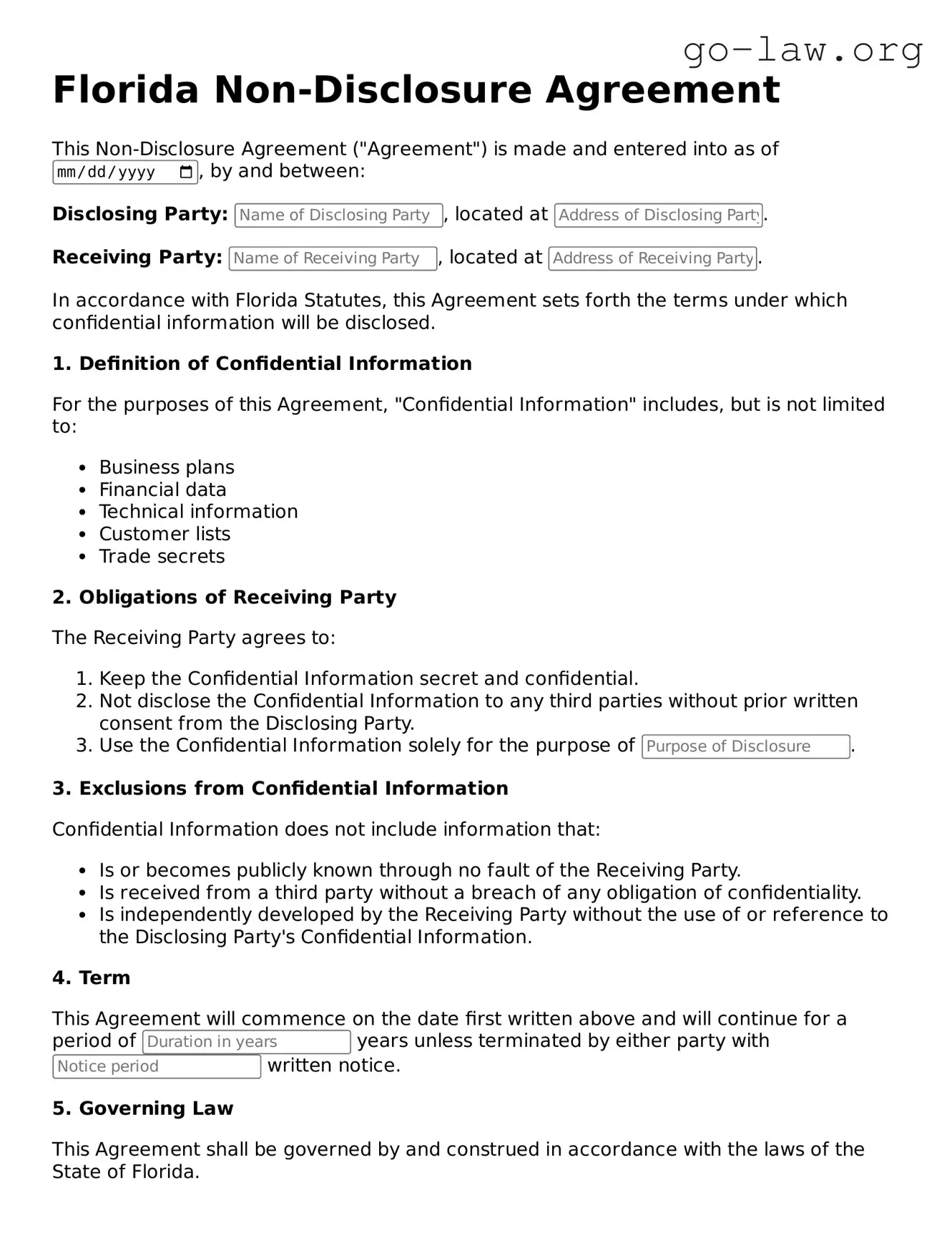Fillable Florida Non-disclosure Agreement Form