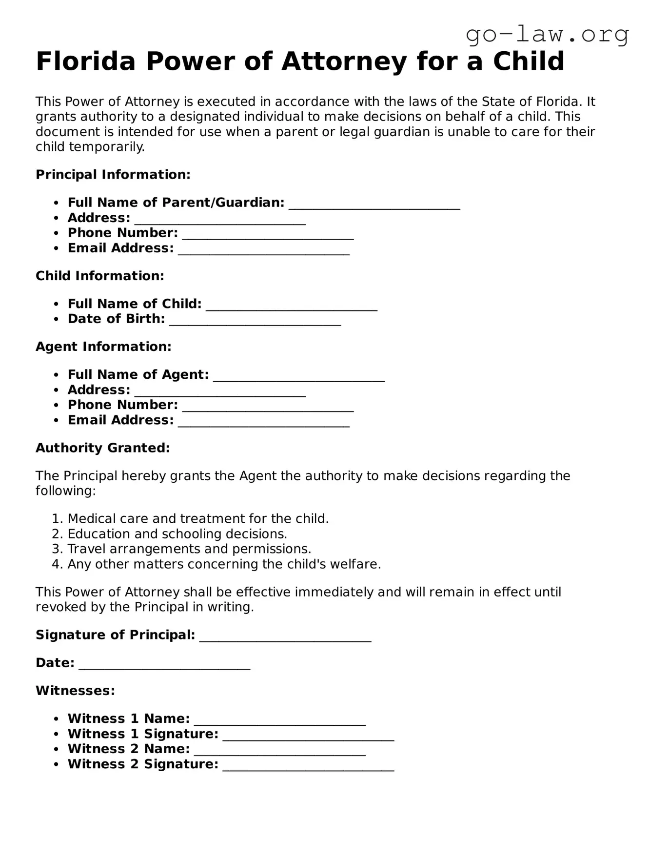 Fillable Florida Power of Attorney for a Child Form