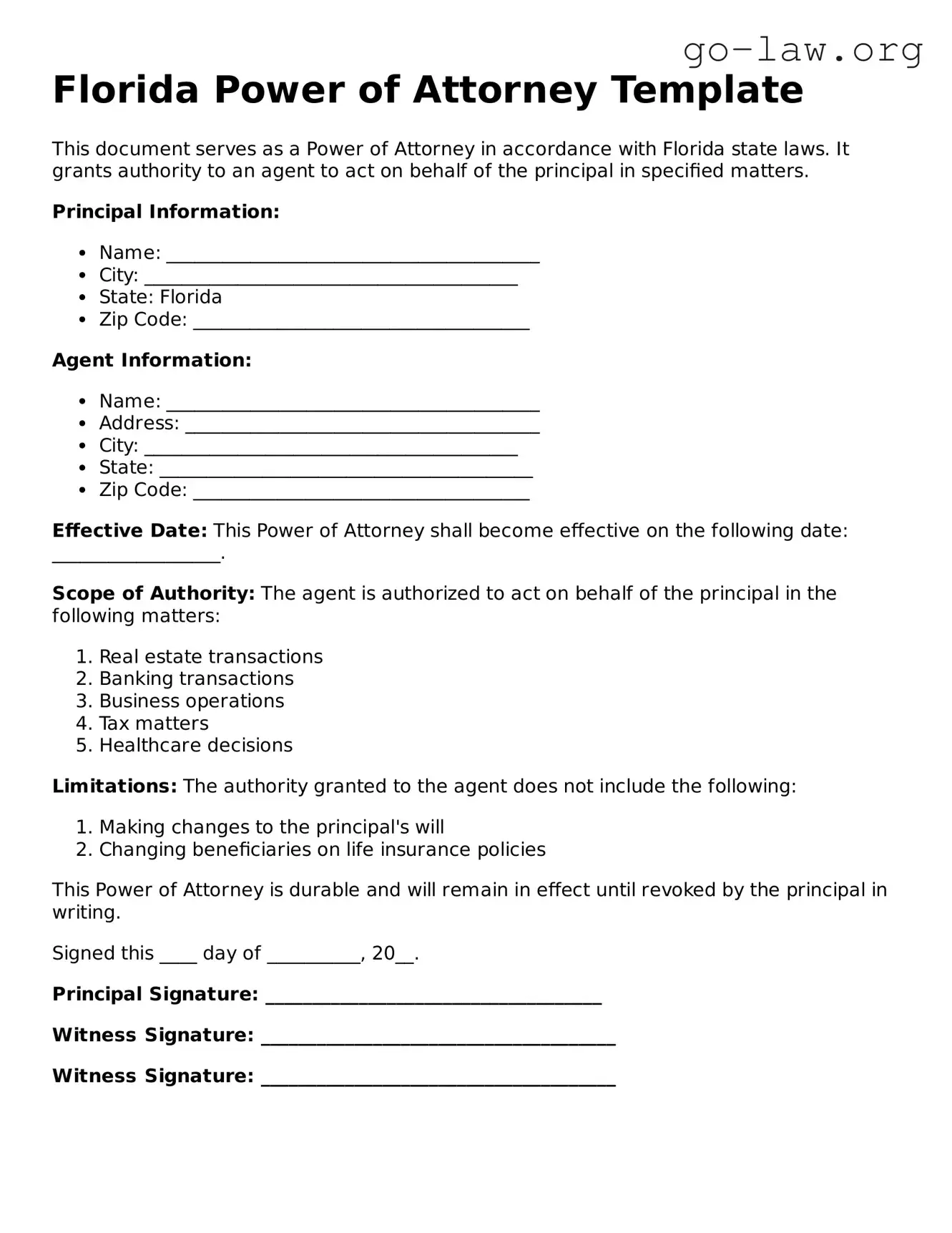 Fillable Florida Power of Attorney Form