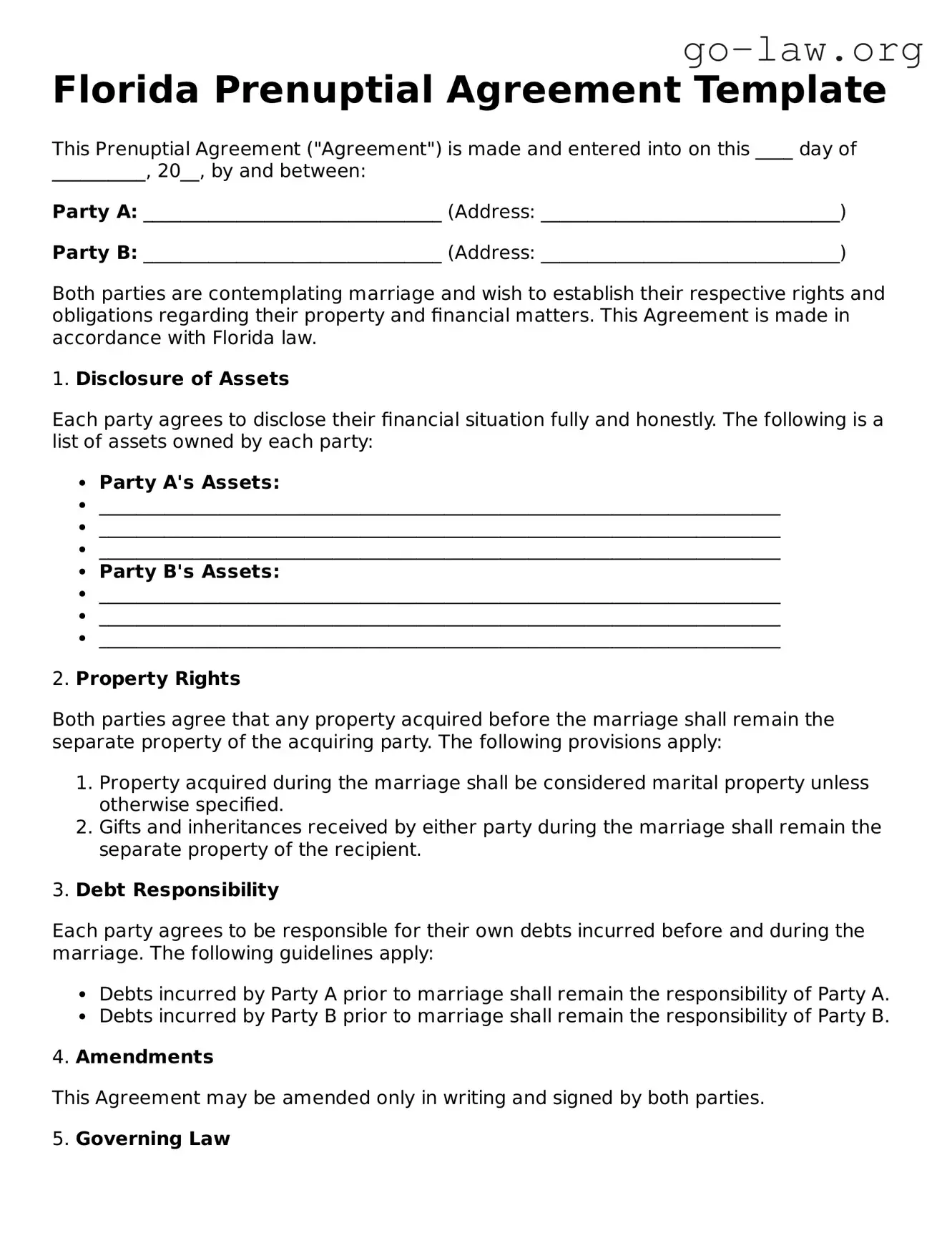Fillable Florida Prenuptial Agreement Form