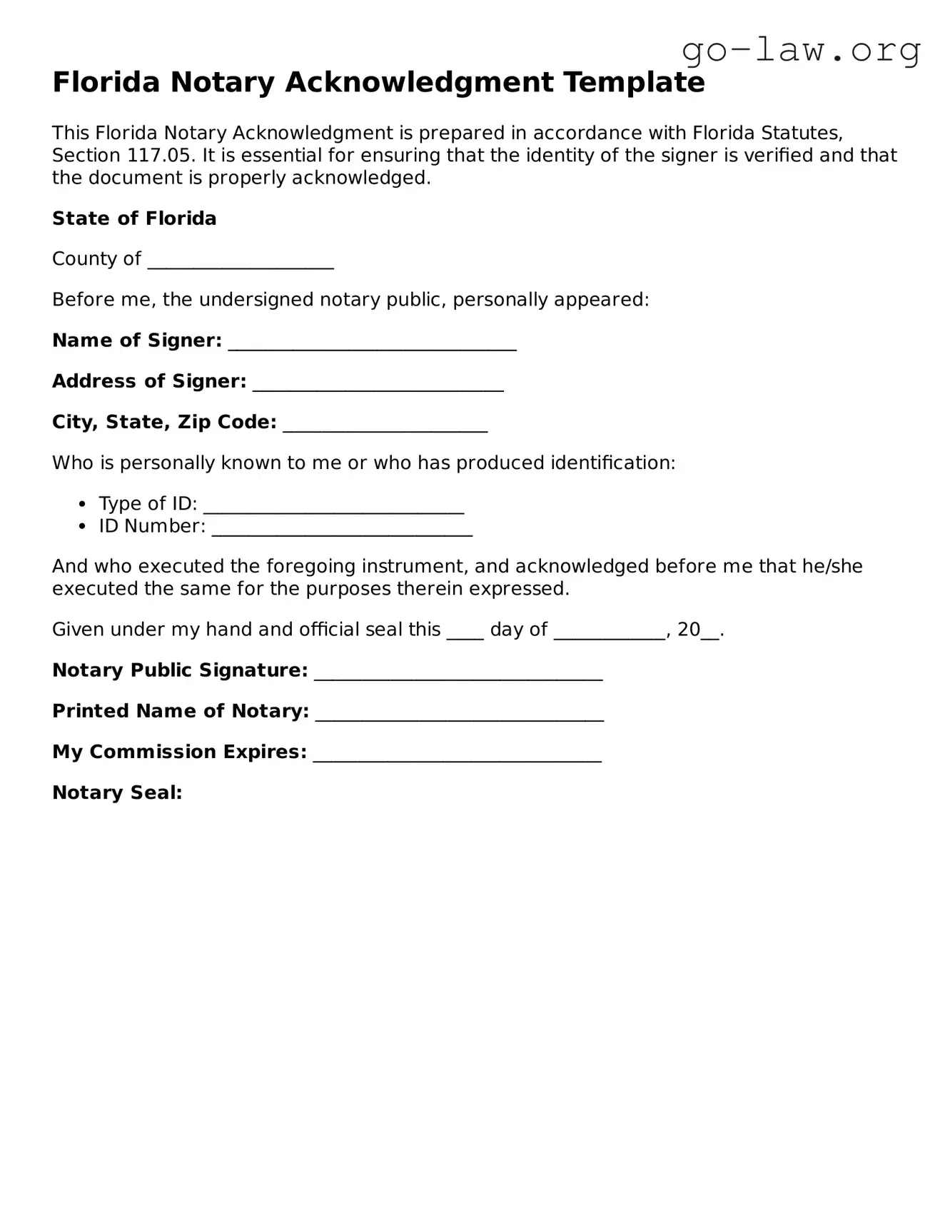 Fillable Florida Notary Acknowledgement Form