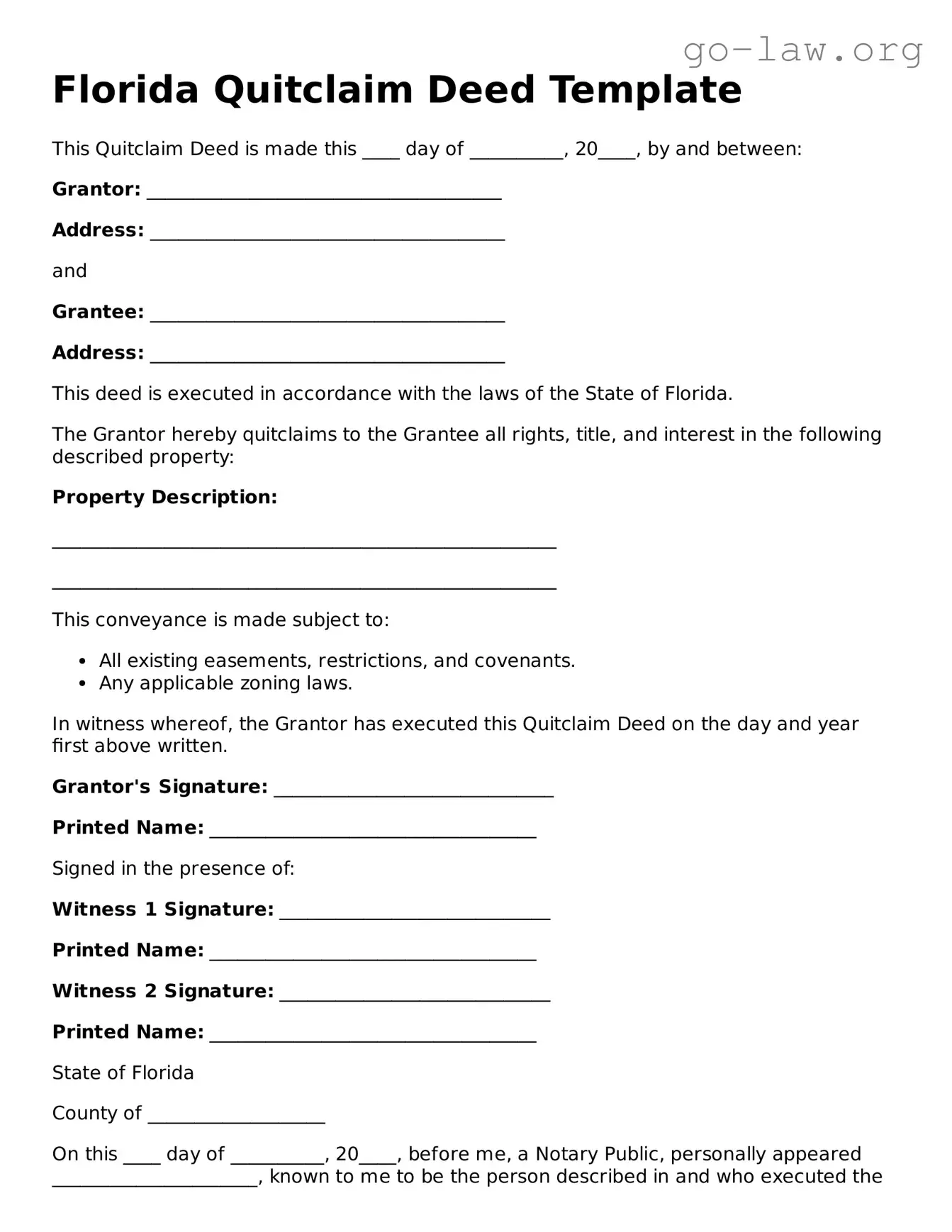 Fillable Florida Quitclaim Deed Form