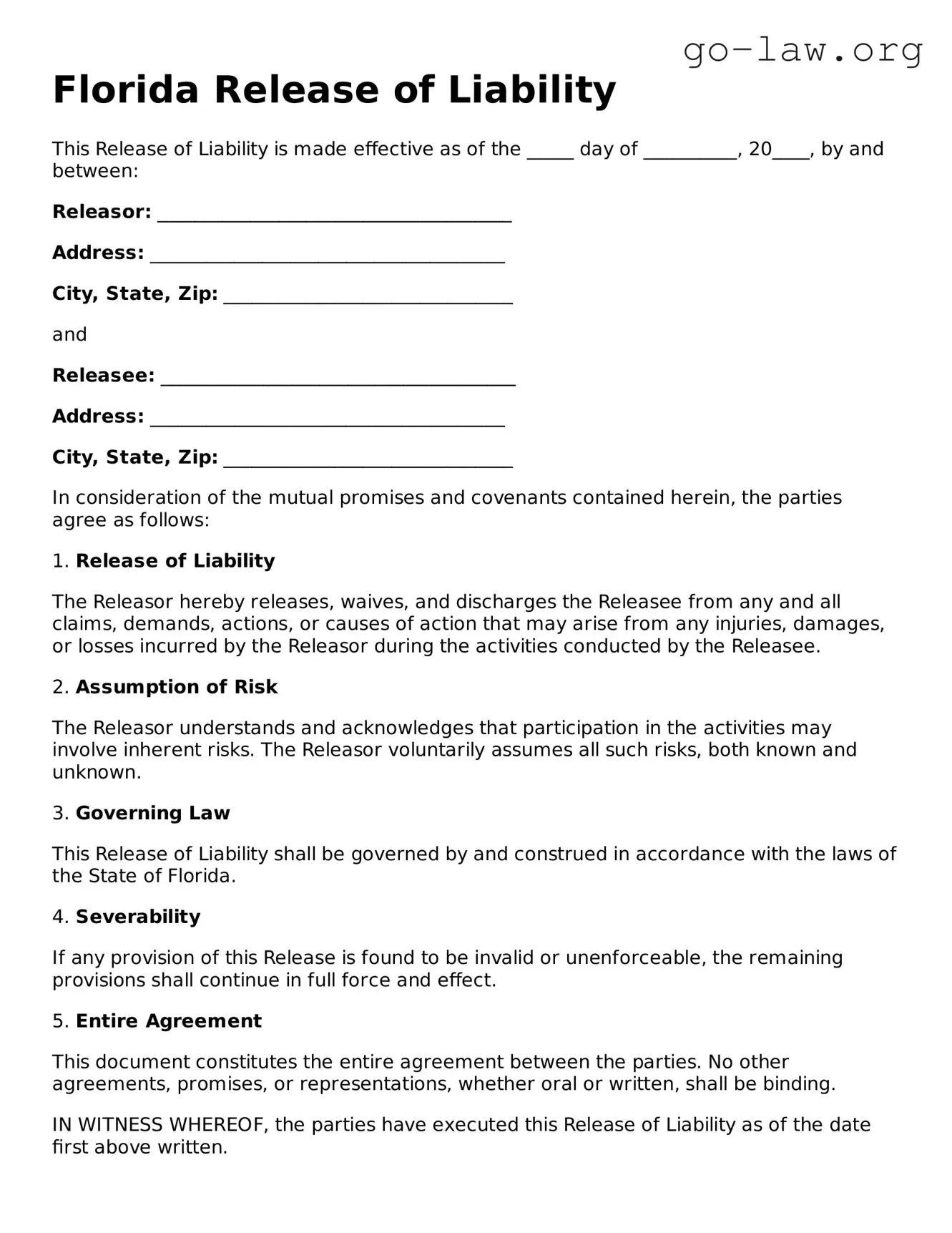 Fillable Florida Release of Liability Form