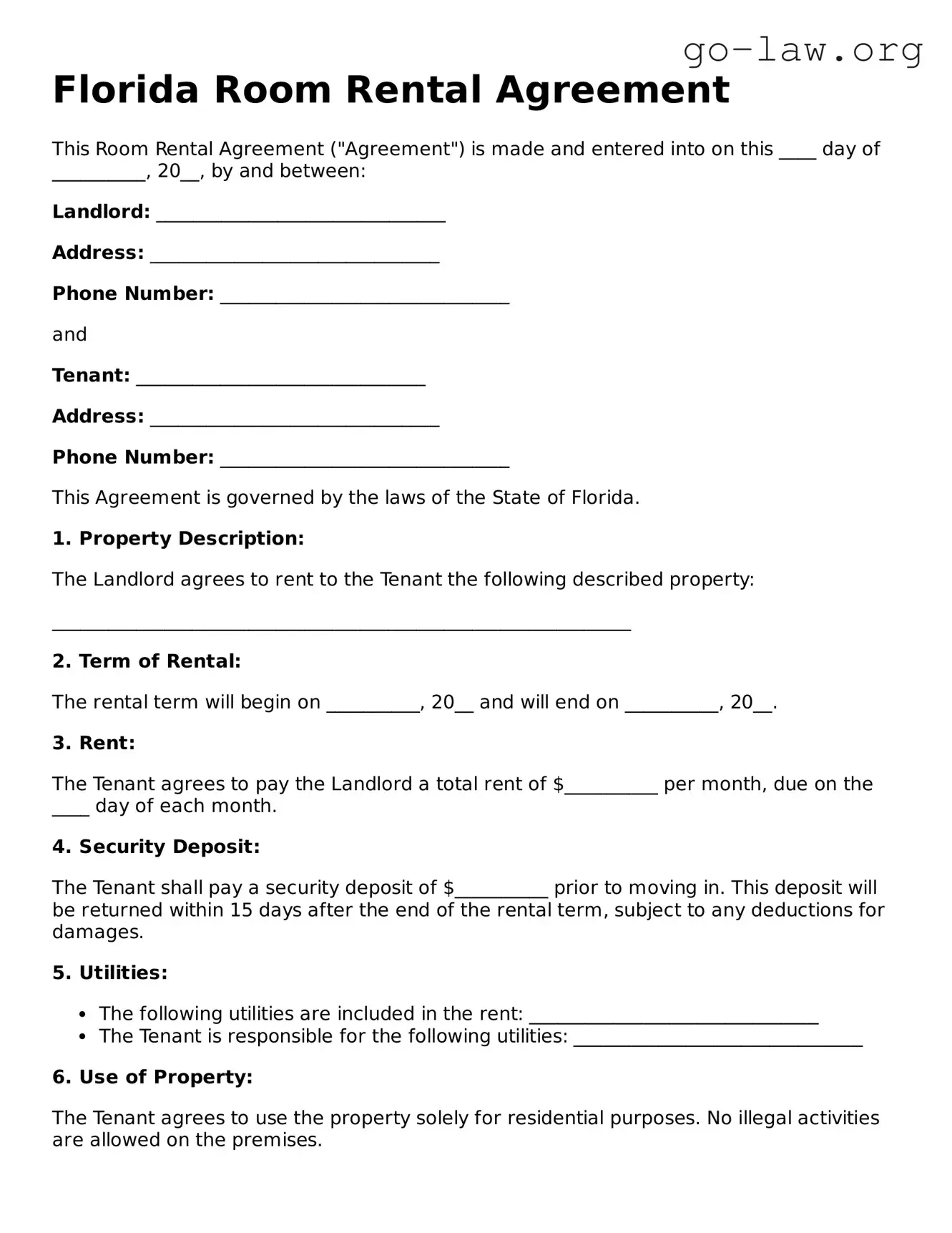 Fillable Florida Room Rental Agreement Form