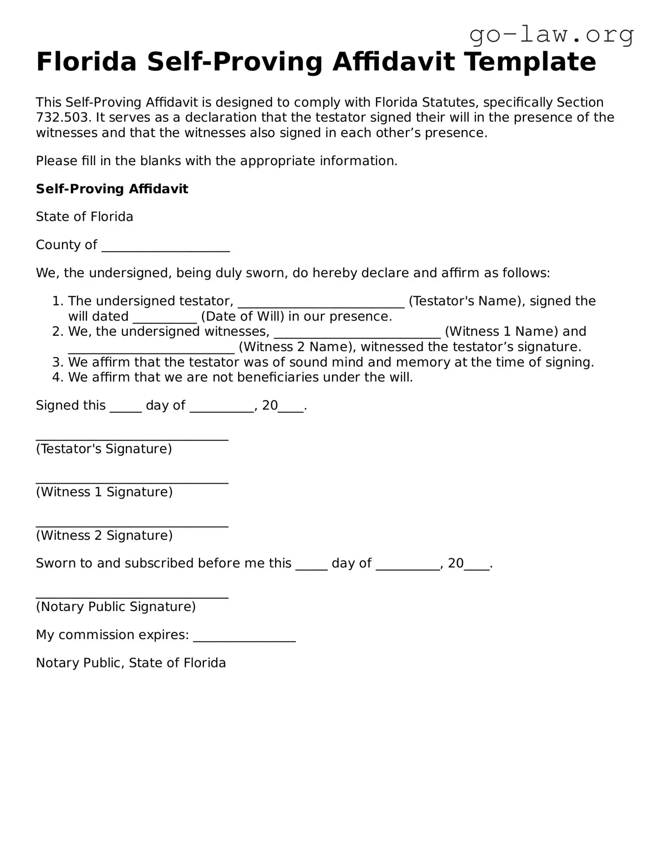Fillable Florida Self-Proving Affidavit Form