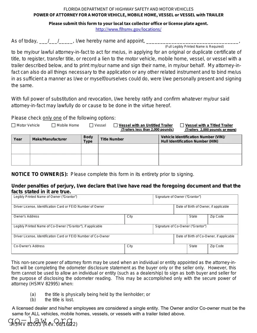 Download Florida Vehicle POA form 82053 Form in PDF