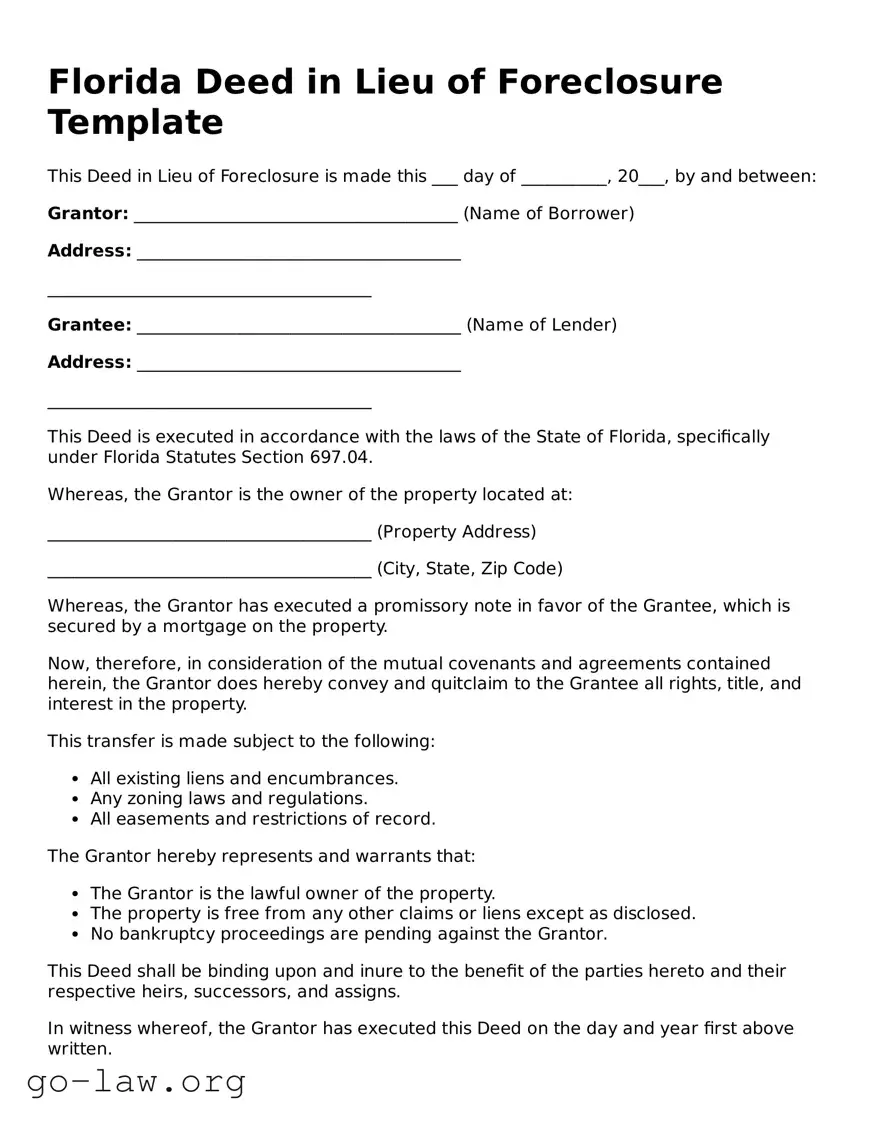 Fillable Florida Deed in Lieu of Foreclosure Form