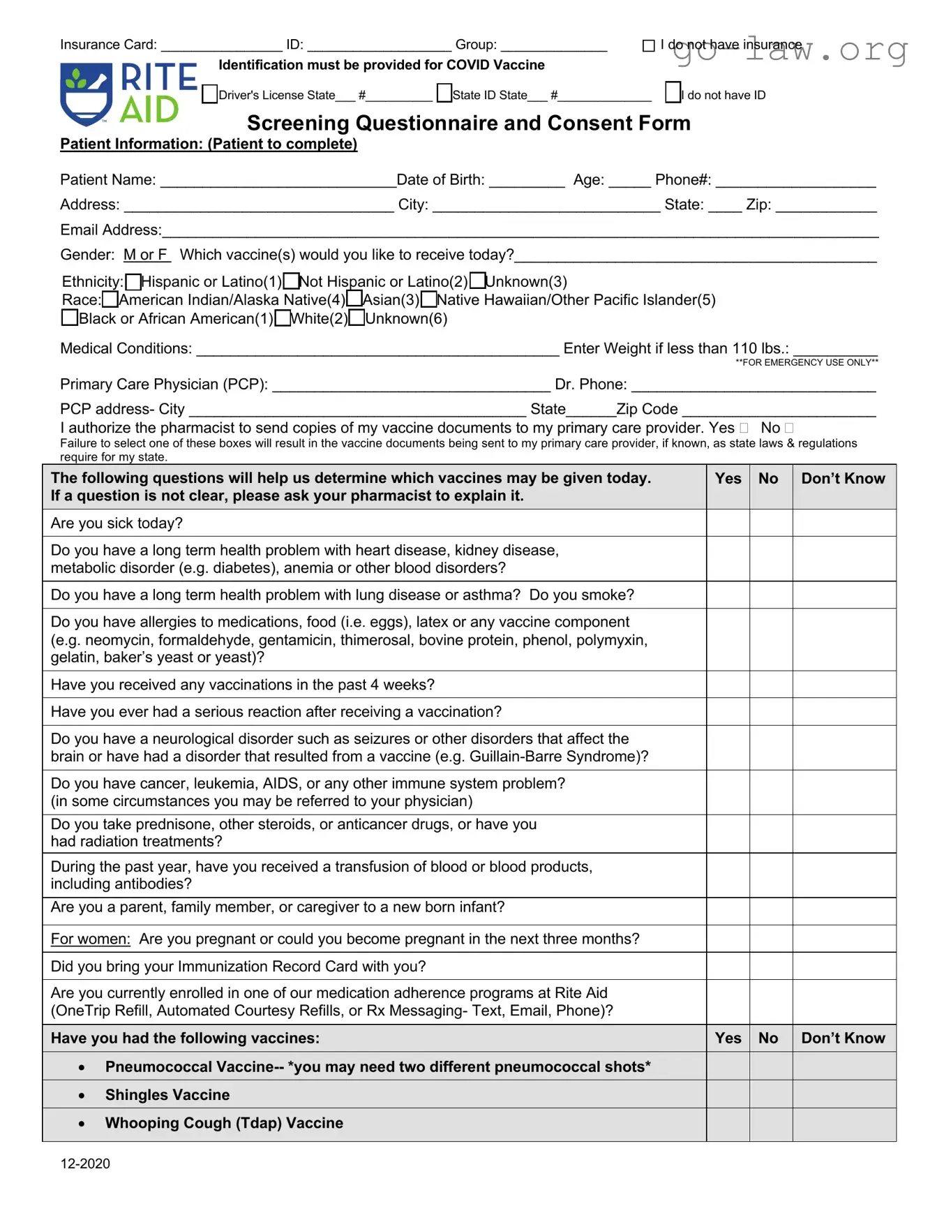 Download Flu Vaccine Form in PDF