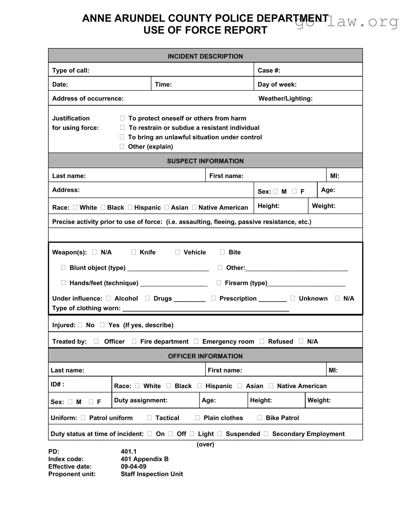 Download Use Of Force Report Form in PDF