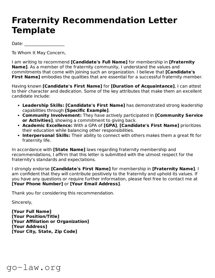Blank Fraternity Recommendation Letter Template