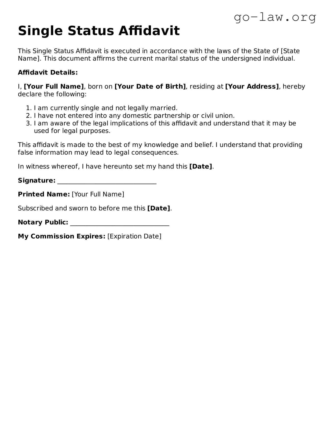 Blank Single Status Affidavit Template