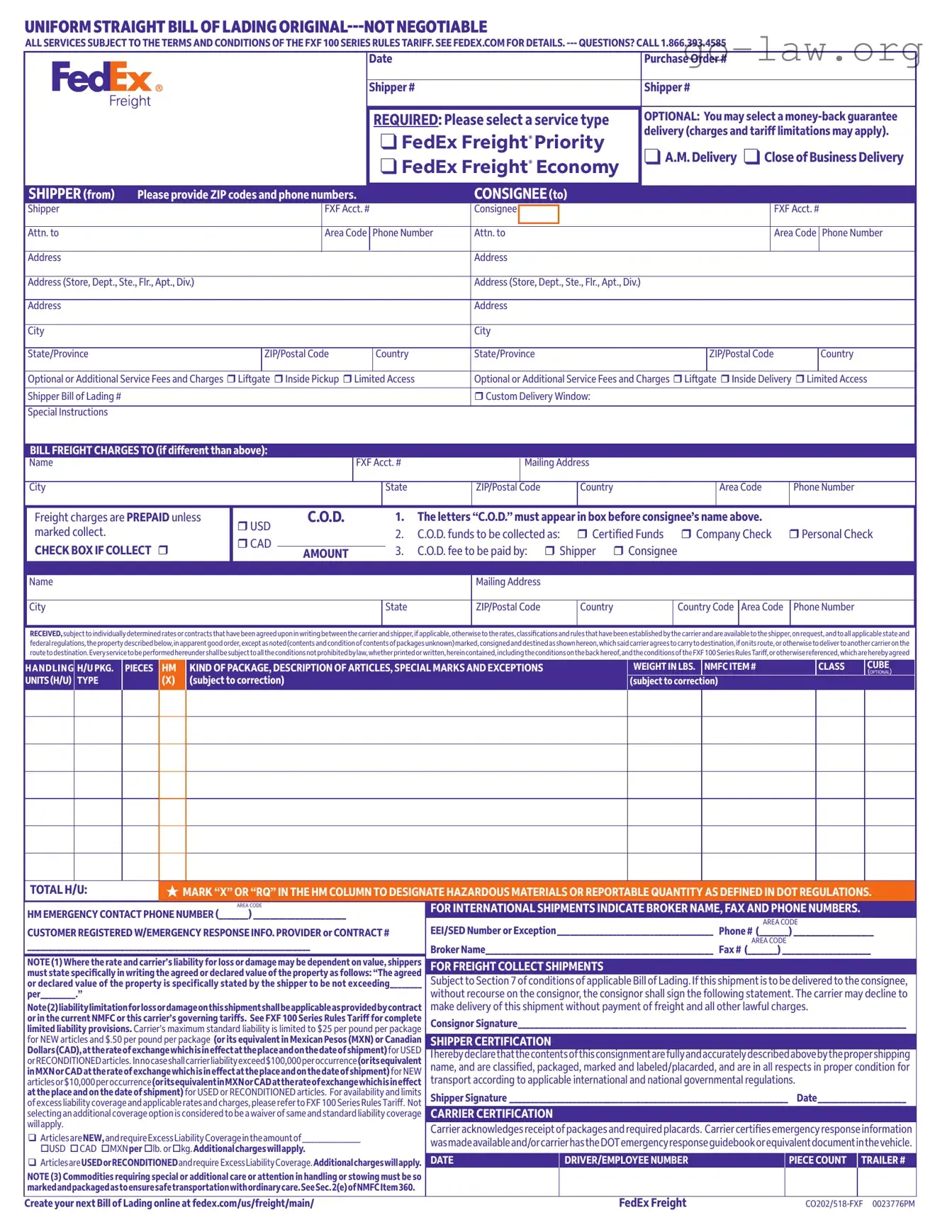 Download Fedex Bill Of Lading Form in PDF