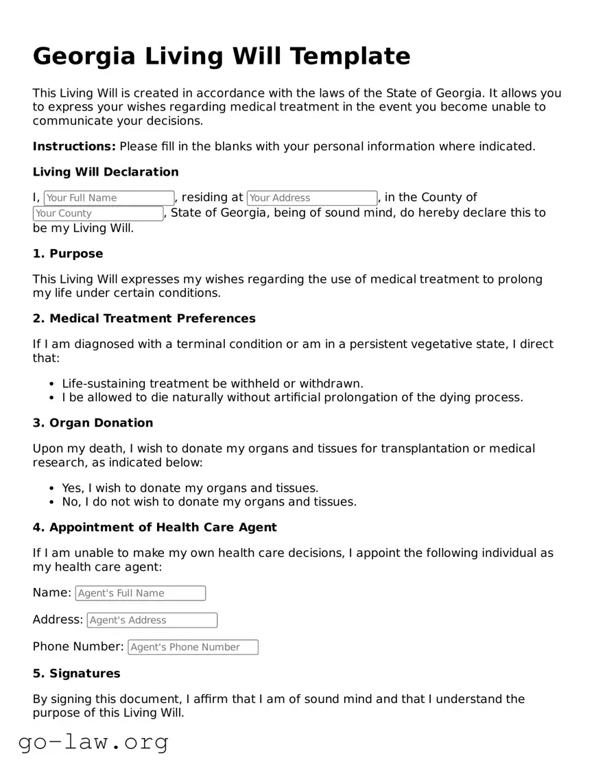 Fillable Georgia Living Will Form